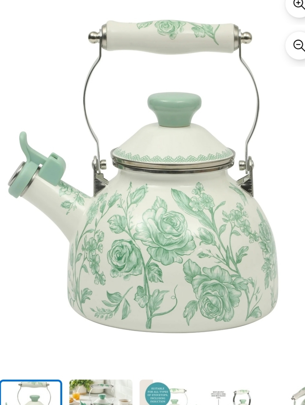 New The Pioneer Woman Agatha Green and White Floral Staineless Steel Tea Kettle